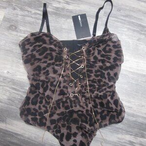 NWT Fashion Nova Women's Cheetah Bodysuit with Gold Chain Tie Up